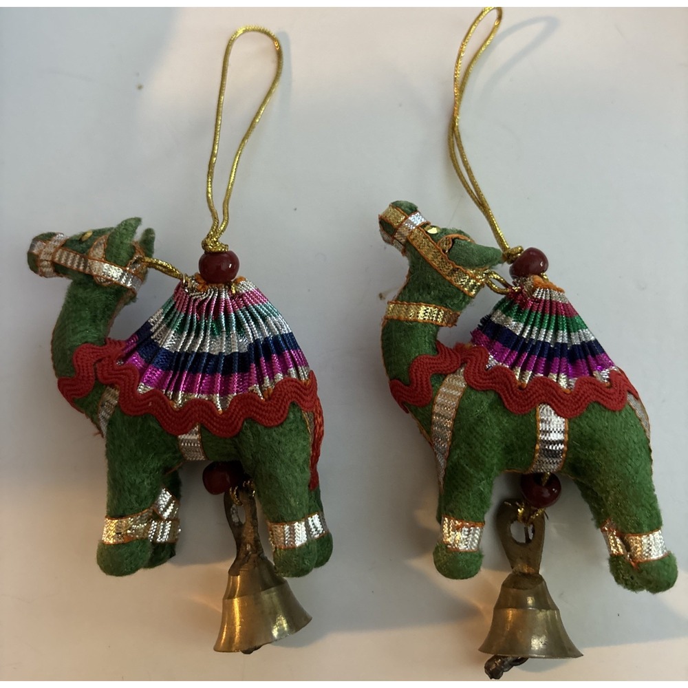 2 Fabric Camels Christmas Ornaments with Bell Boho Decor
